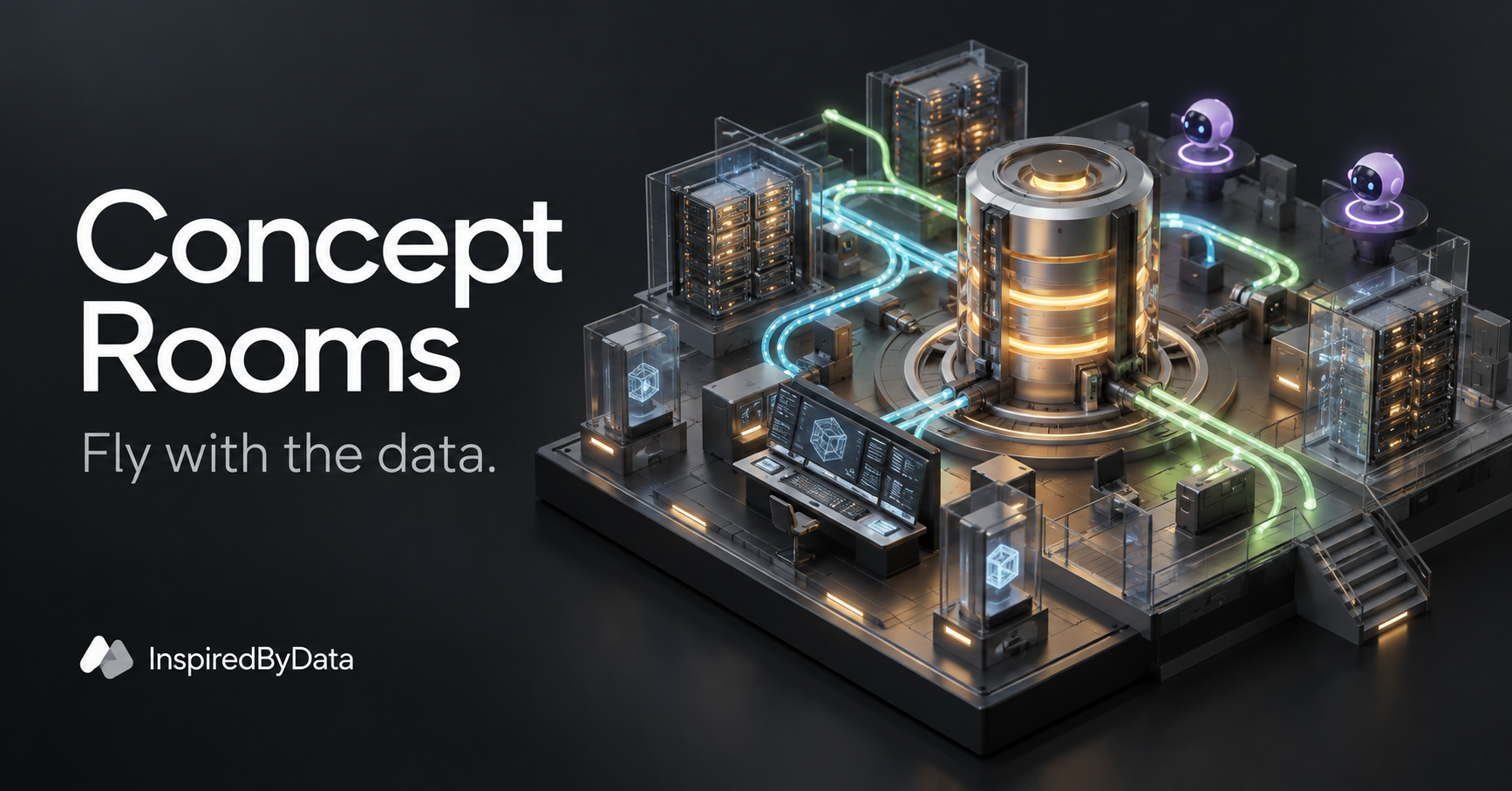 An illustrated engine room with glowing data paths between connected components